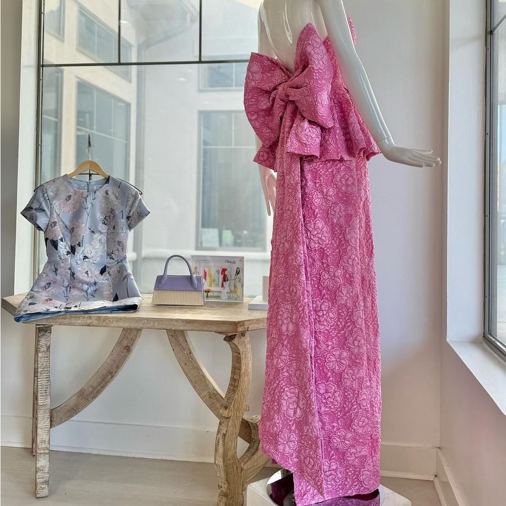 Jovani Pink Floral Lace Maxi Dress with Peplum - Picture 2 of 8
